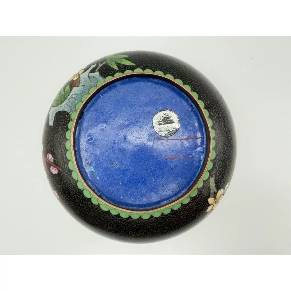 Chinese Cloisonné Lidded Bowl Hand Painted Enamel Flowers & Butterflies Vintage